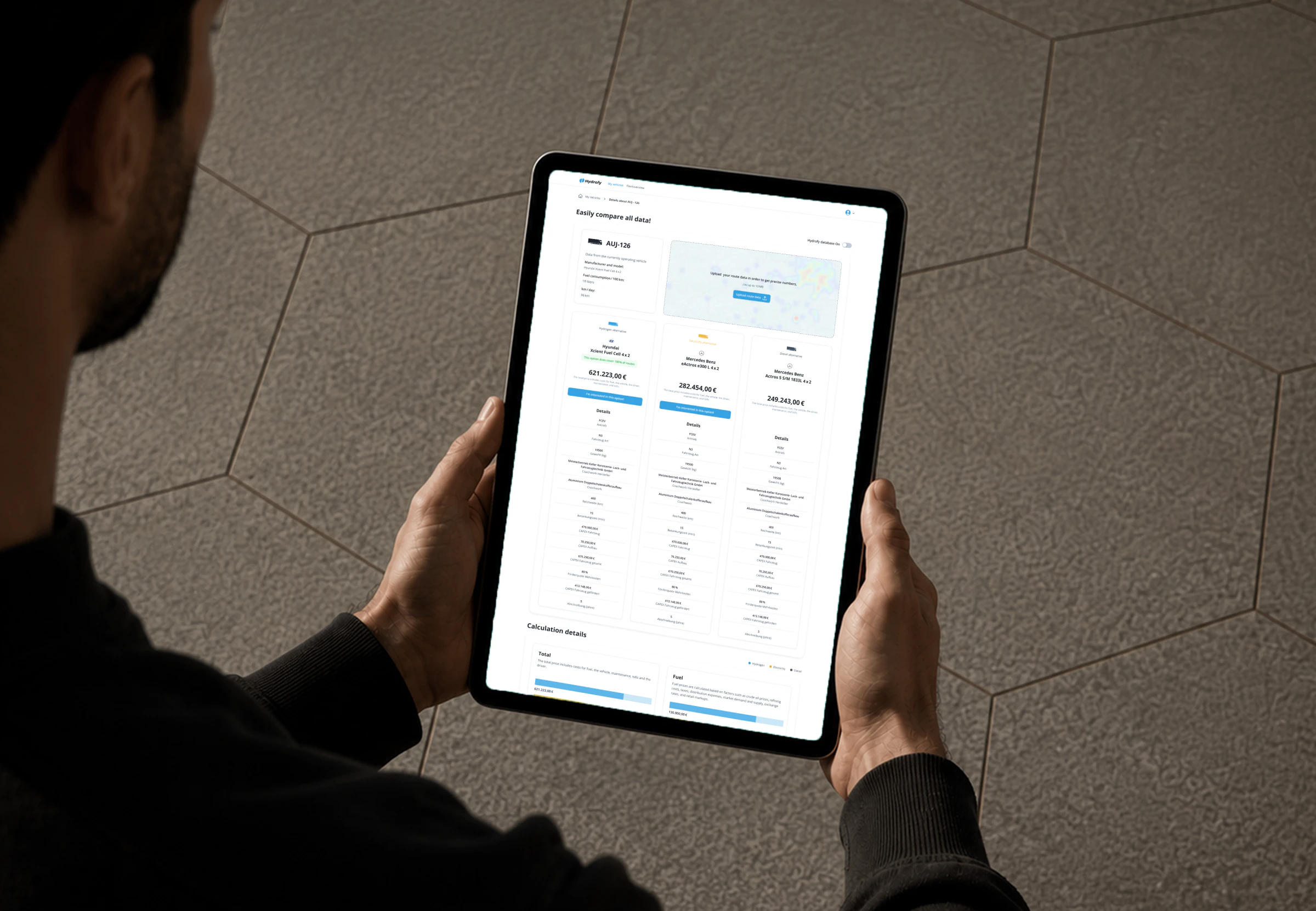 Hydrofy fleet planning dashboard displayed on an iPad