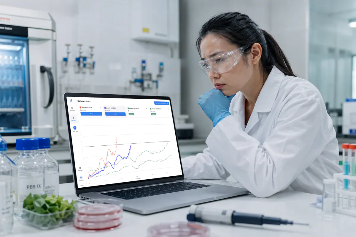 Food safety laboratory technician reviewing rappid test results on a laptop